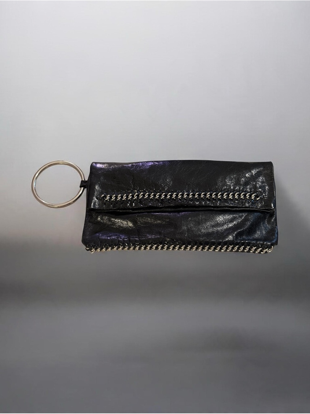 Vintage y2k era Bebe Black Leather Chain-Trim Wristlet Clutch
